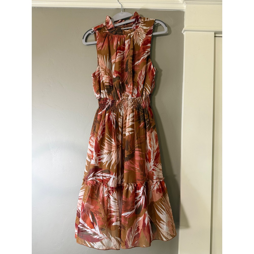 Kate and Lily Tropical Palm Leaf Smocked Midi Dress Brown Terracotta Size 10